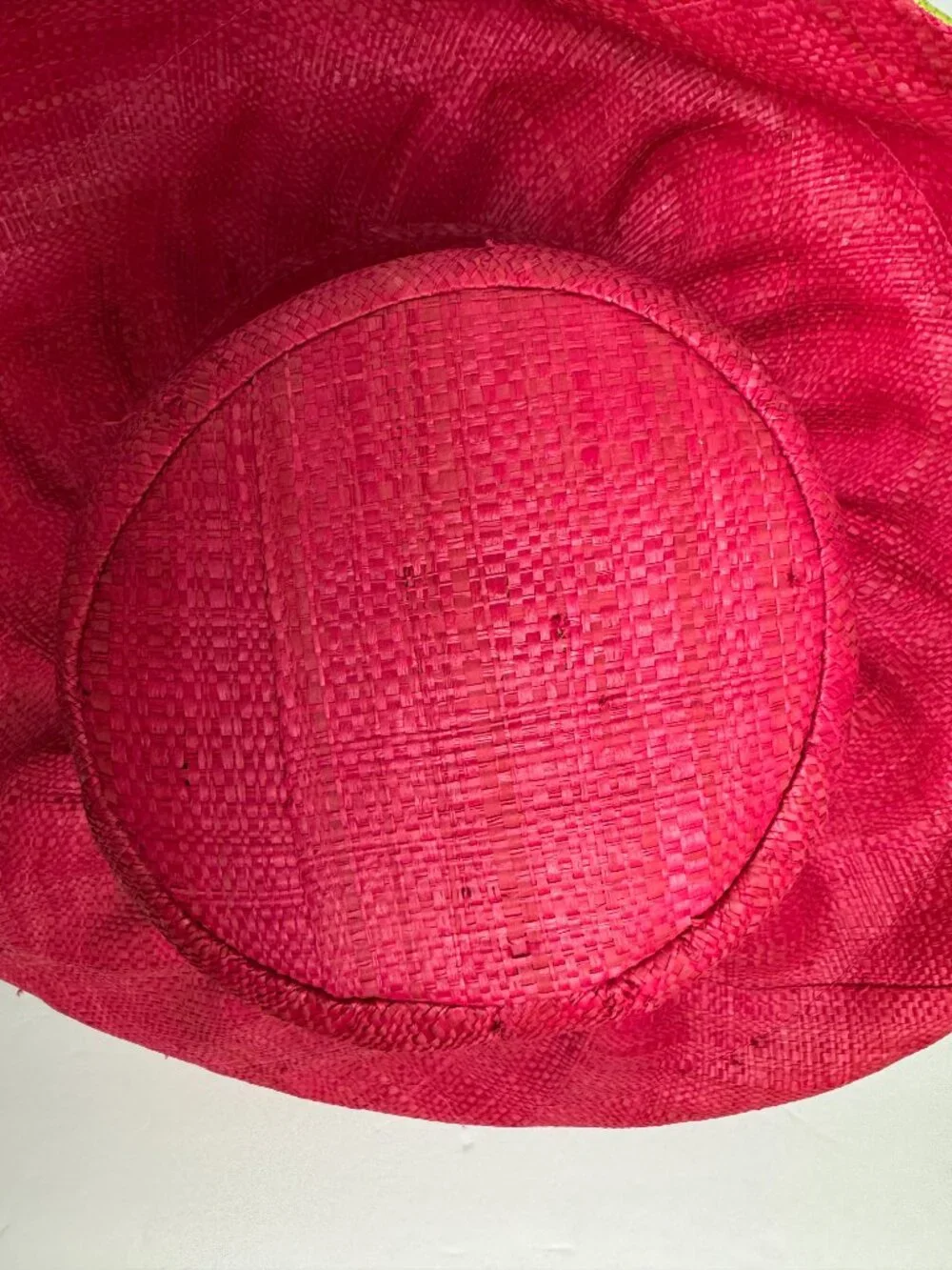 Hand Woven Madagascar Big Brim RAFFIA Sun Hat Pink & Neon Green  Sz XL 23.5" - Picture 9 of 12